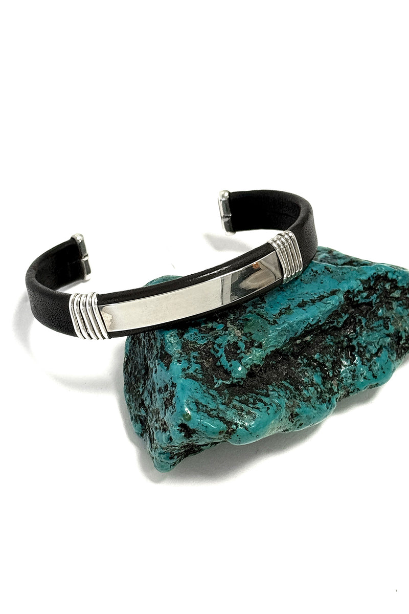 Handmade Taxco Sterling Silver & Leather Cuff Bracelet