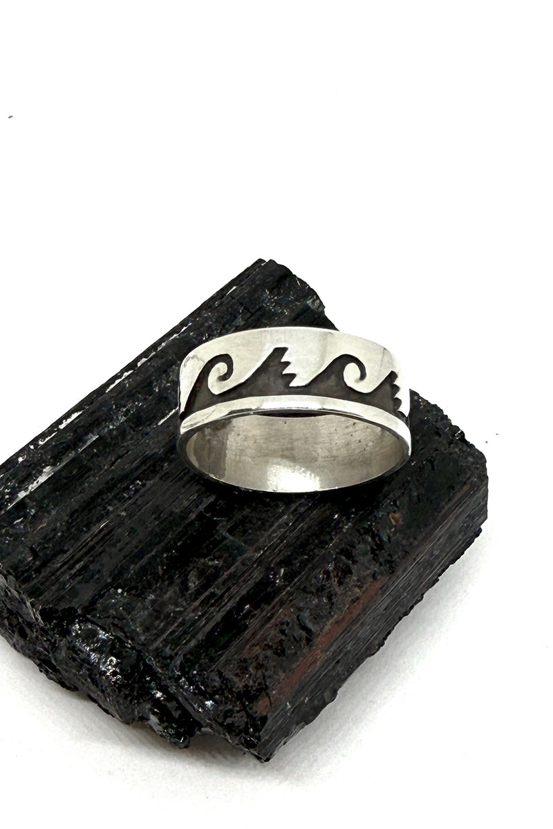 Sterling Silver Kokopelli Wave Overlay Band Ring