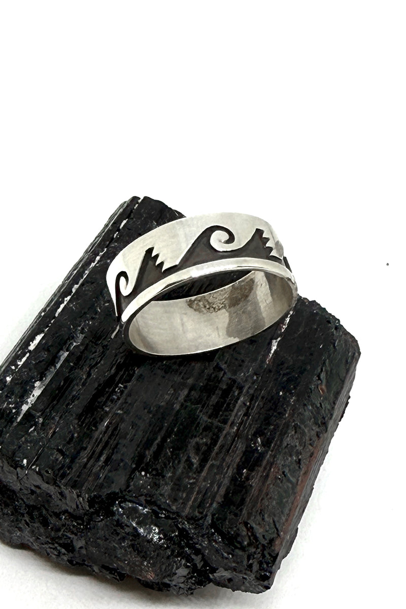 Sterling Silver Kokopelli Wave Overlay Band Ring