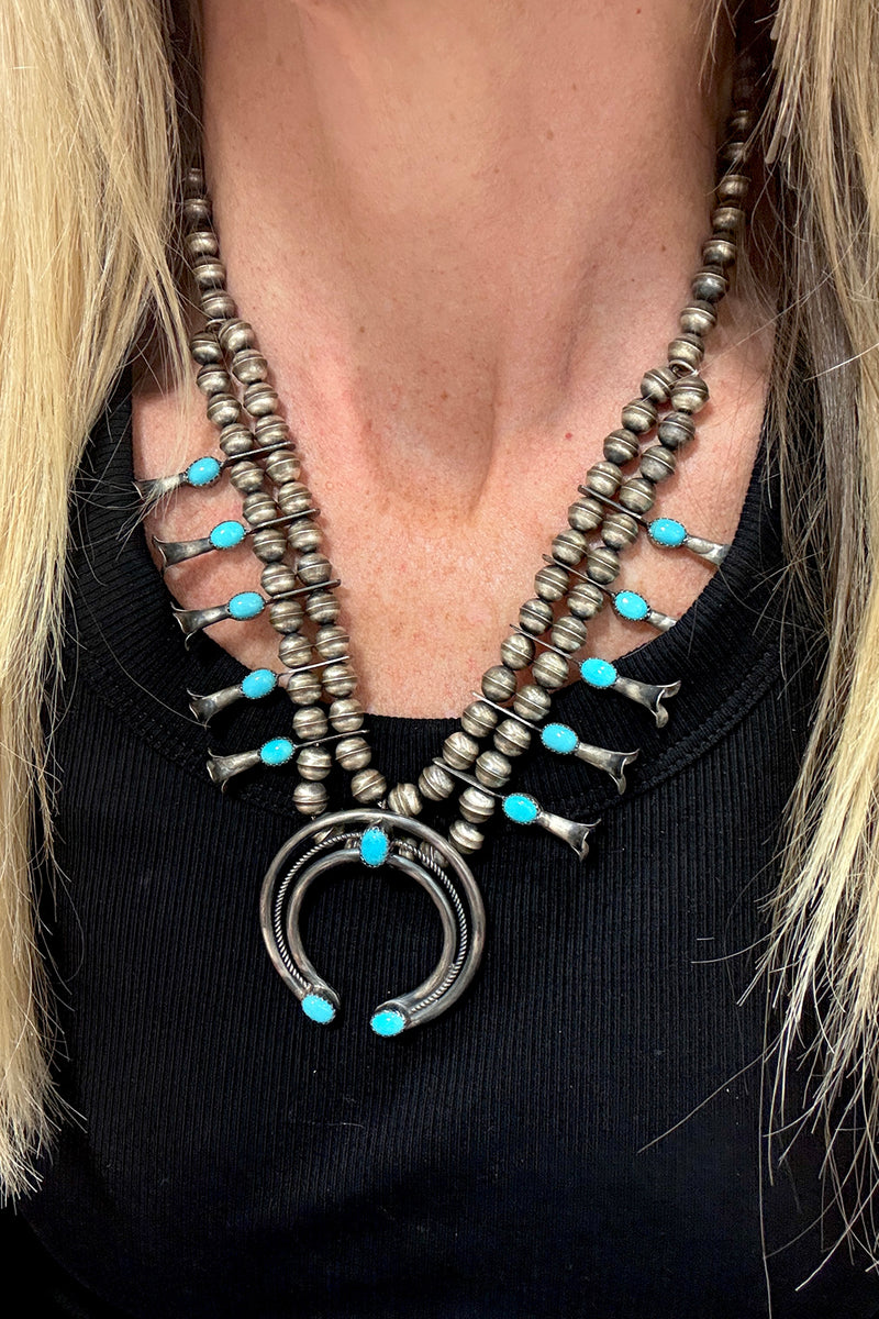 Navajo Turquoise Squash Blossom Necklace Set – Oxidized Sterling Silver