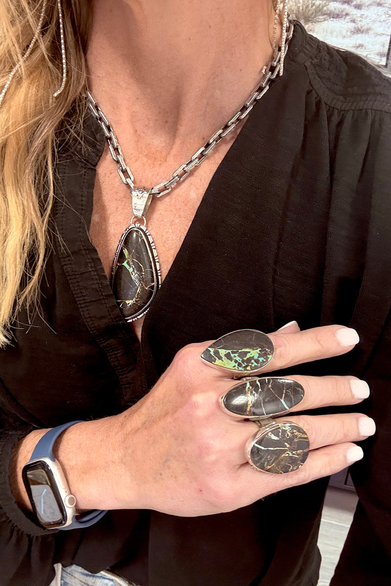 Teardrop Black Jack Turquoise Ring – Handmade Sterling Silver