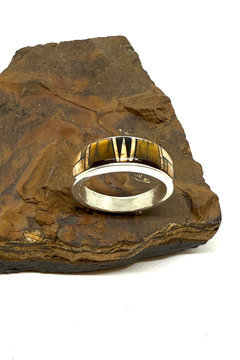 Tiger's Eye and Jasper Channel Inlay Men's Ring - Sterling Silver