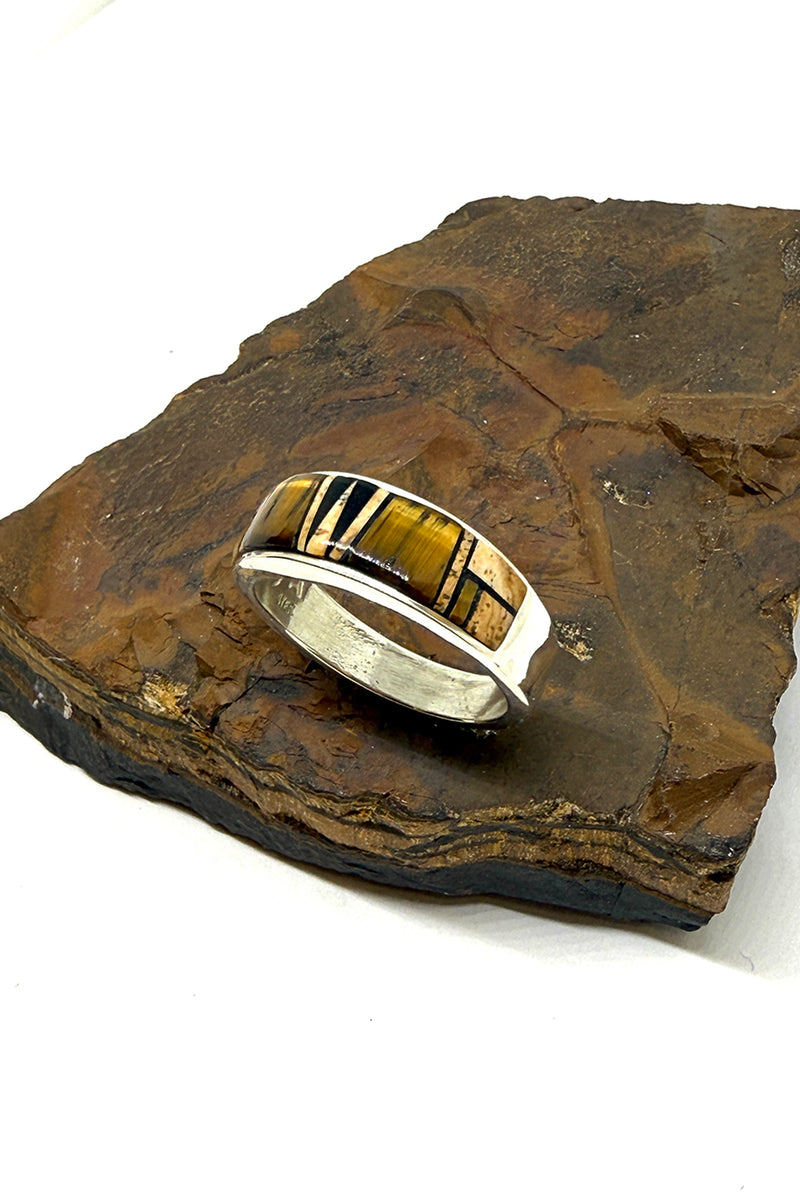 Tiger's Eye and Jasper Channel Inlay Men's Ring - Sterling Silver