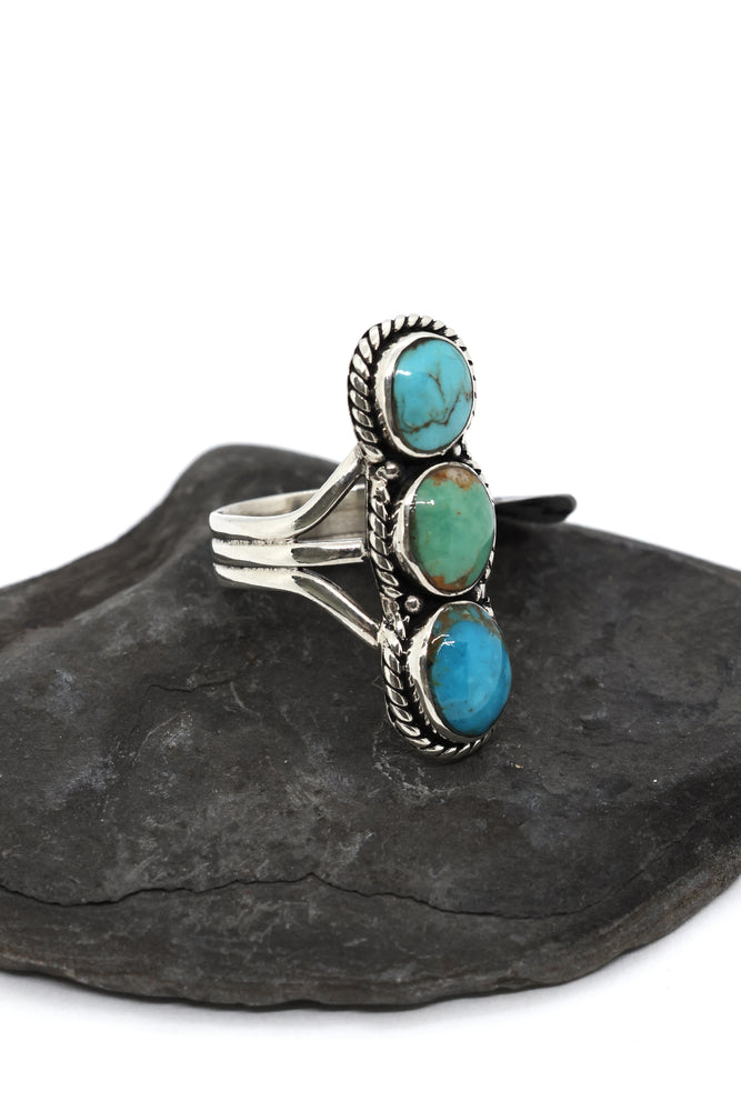 Triple Stone Long Turquoise Ring (Size 7 ½ )