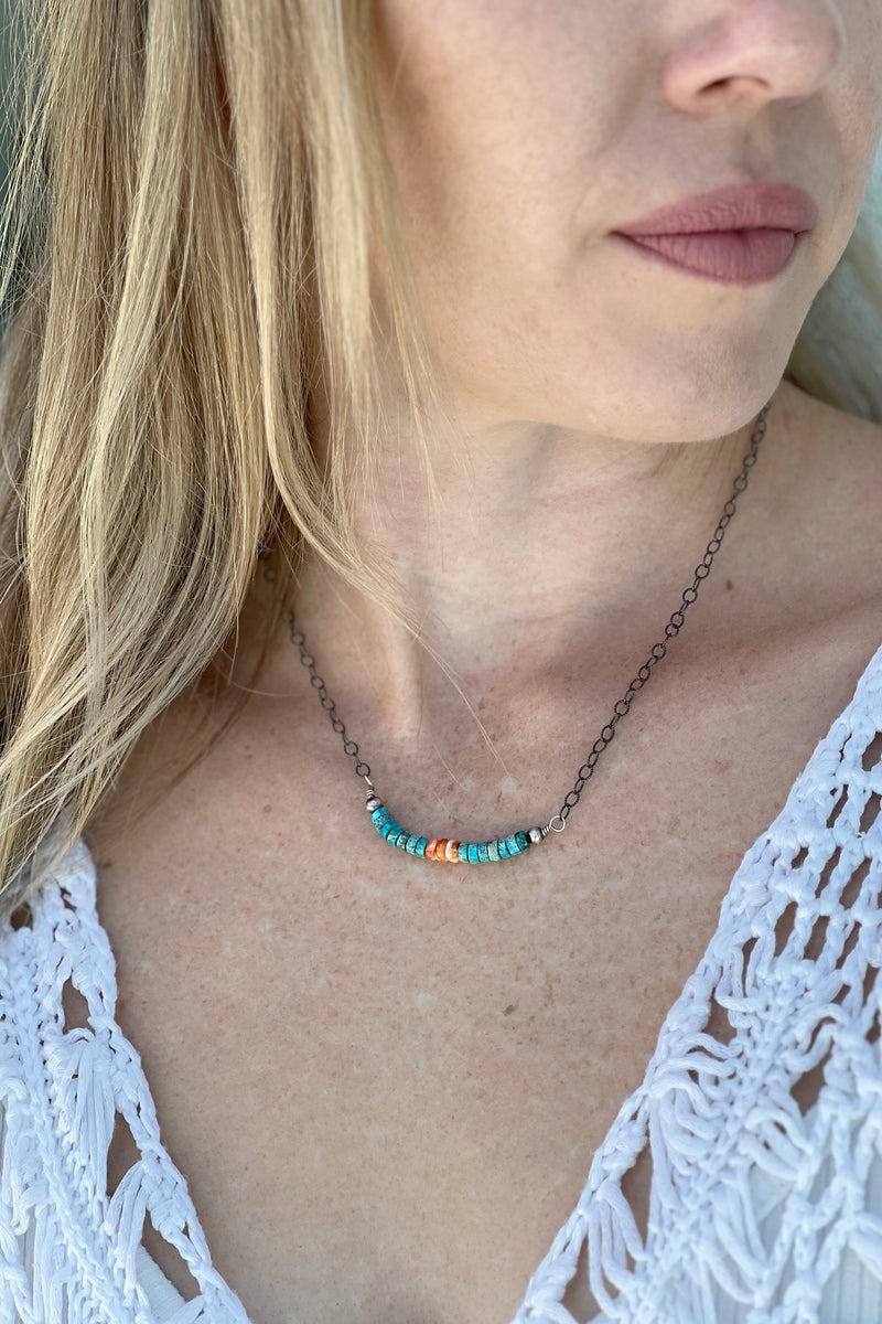 Oxidized Sterling Silver with Turquoise and Spiny Shell Heishi Necklace