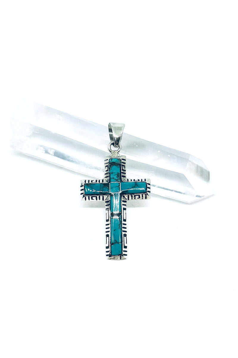 Turquoise Inlay Cross Pendant – Sterling Silver