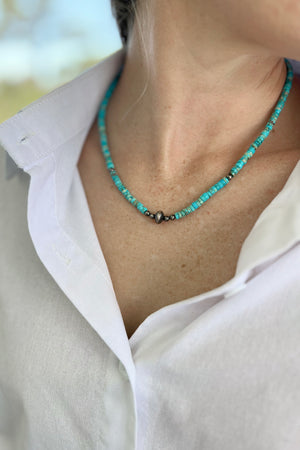 Santo Domingo Turquoise Heishi and Oxidized Bead 18" Necklace
