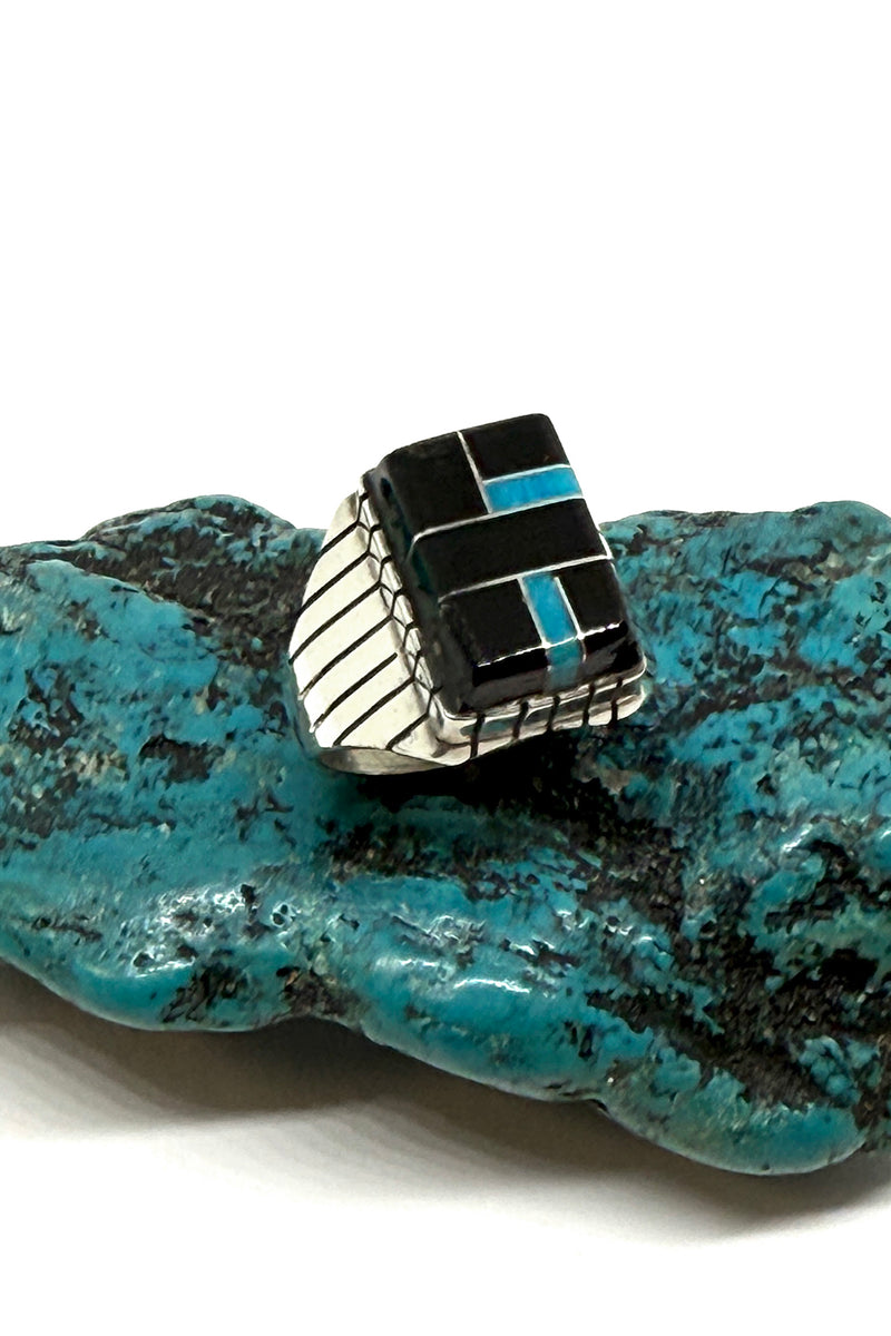 Navajo Handmade Black Onyx & Turquoise Inlay Ring - Sterling Silver