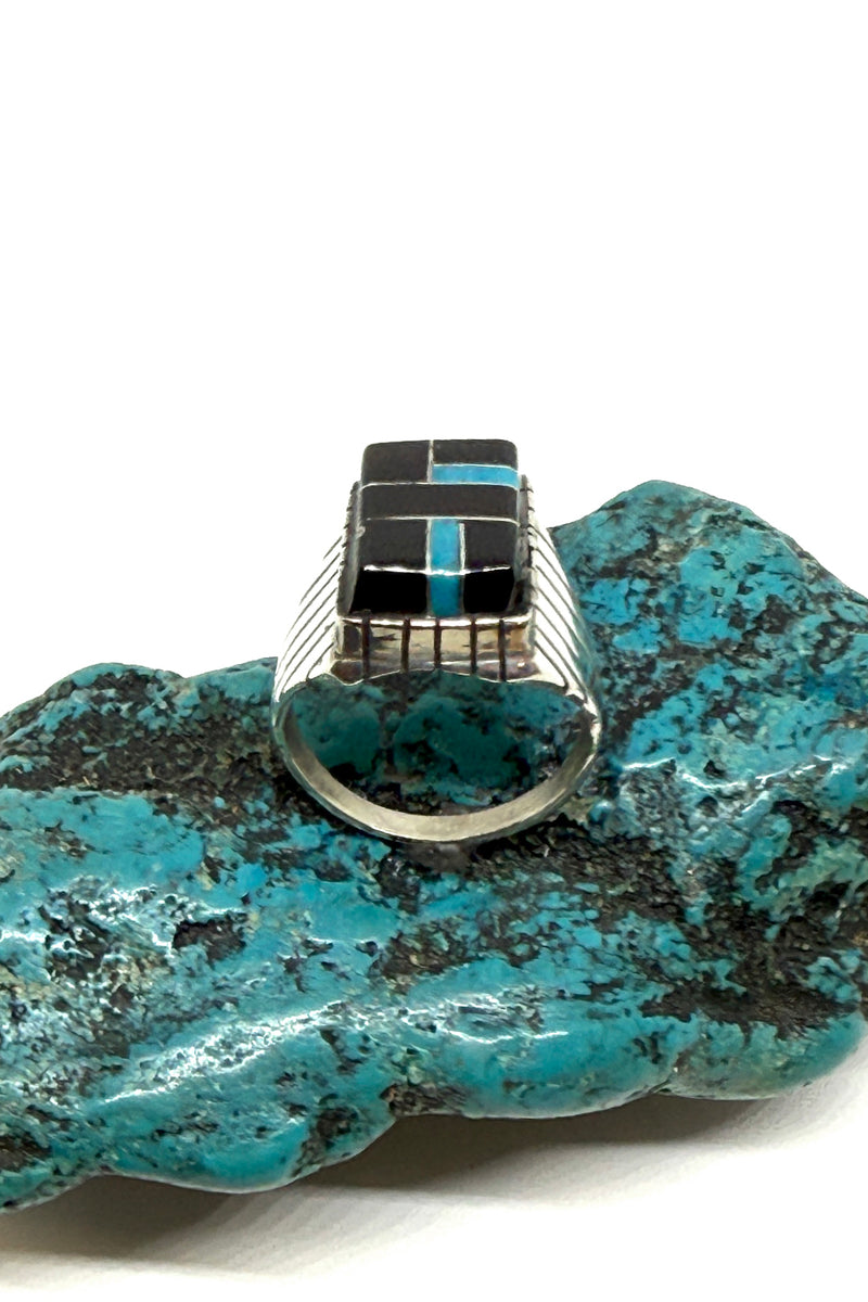 Navajo Handmade Black Onyx & Turquoise Inlay Ring - Sterling Silver