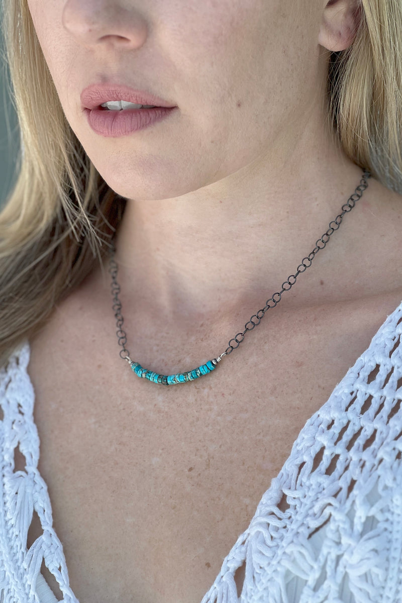 Oxidized Sterling Silver and Turquoise Heishi Necklace