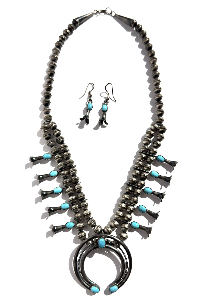 Navajo Turquoise Squash Blossom Necklace Set – Oxidized Sterling Silver
