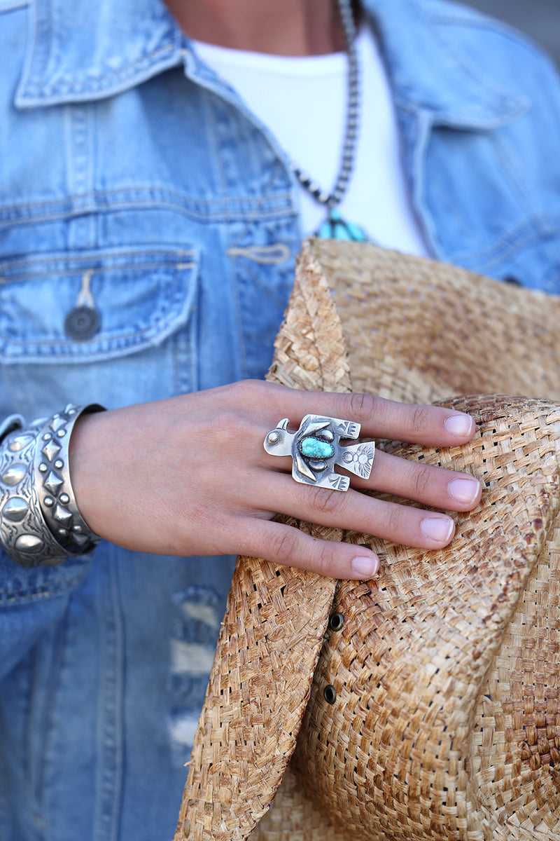 Turquoise Thunderbird Adjustable Ring – Sterling Silver