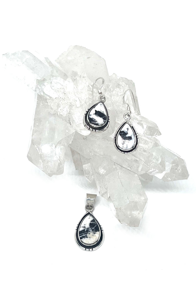 
                
                    Load image into Gallery viewer, Navajo White Buffalo Stone Pendant &amp;amp; Earrings Set
                
            