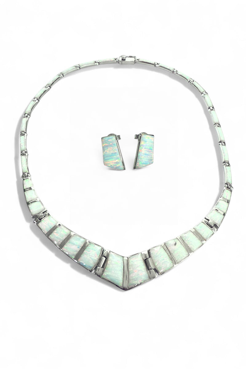 White Opal Sterling Silver Necklace and Earring Set
