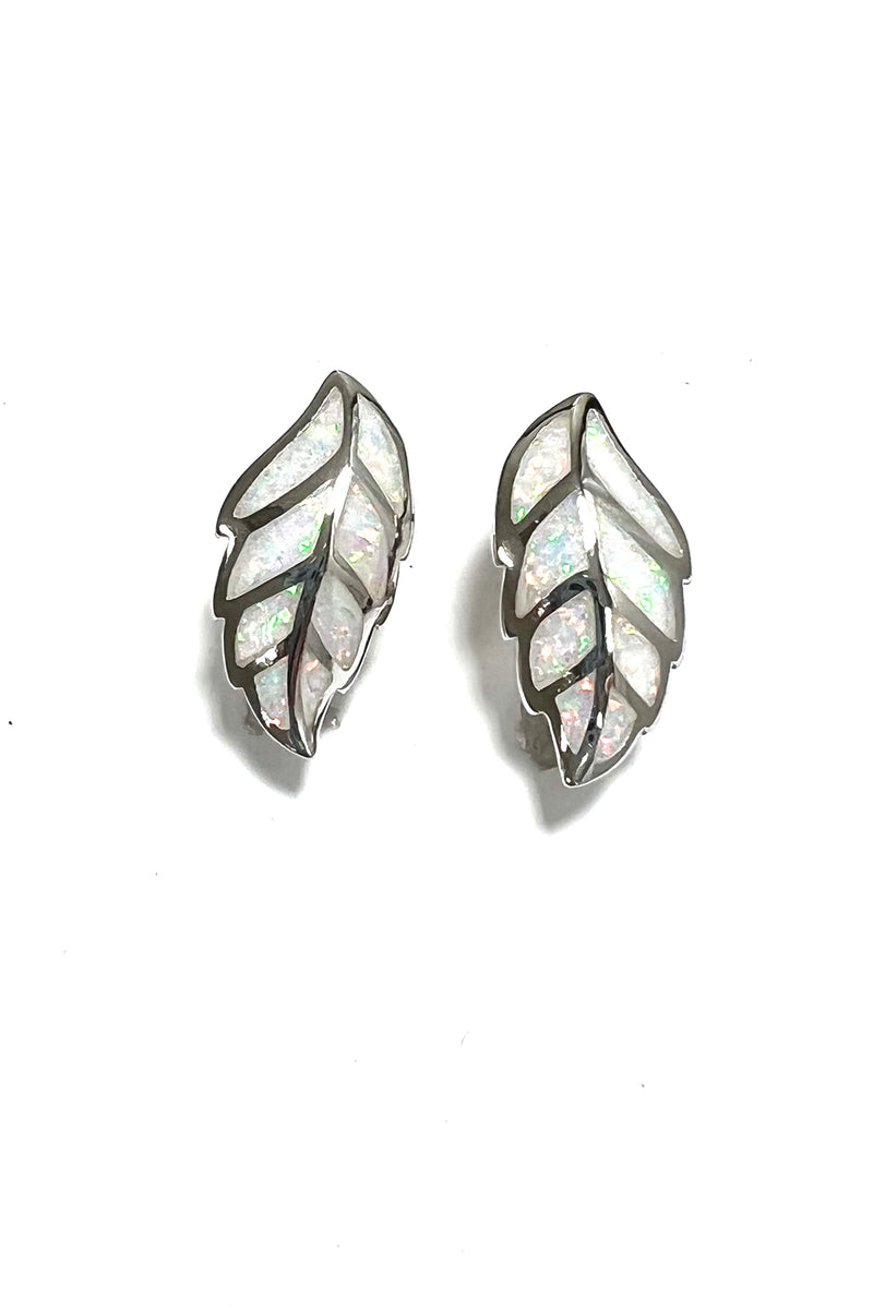 White Opal Leaf Inlay Sterling Silver Earrings