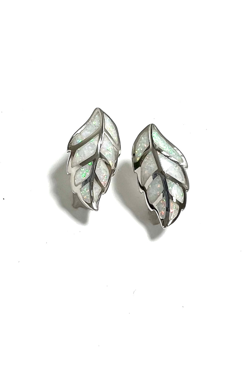 White Opal Leaf Inlay Sterling Silver Earrings