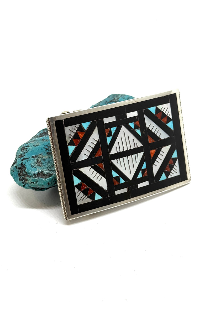 Zuni Handmade Multi-Stone Inlay Belt Buckle - Sterling Silver