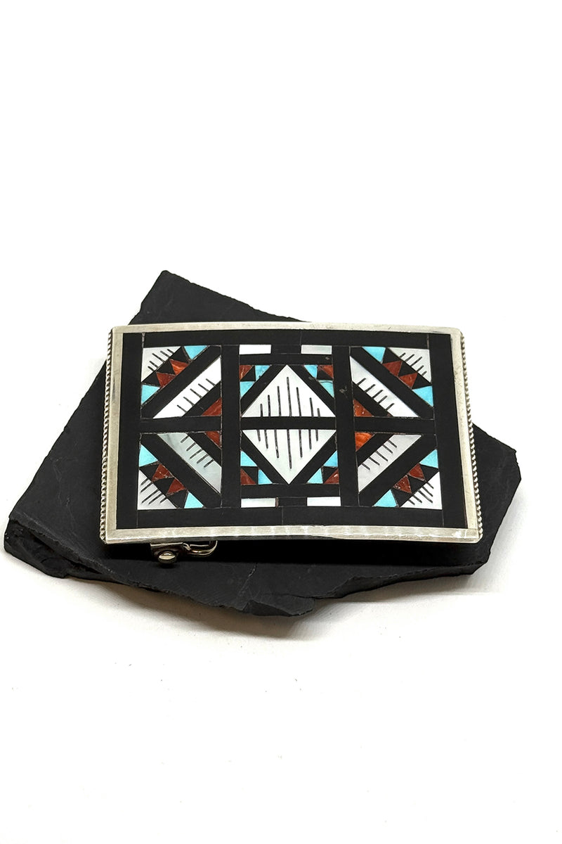 Zuni Handmade Multi-Stone Inlay Belt Buckle - Sterling Silver