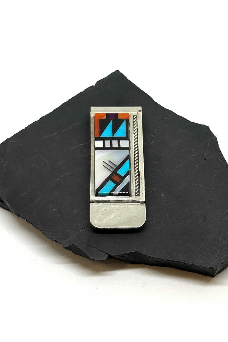 Zuni Handmade Geometric Inlay Money Clip - Sterling Silver