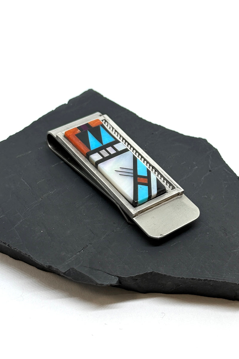 Zuni Handmade Geometric Inlay Money Clip - Sterling Silver
