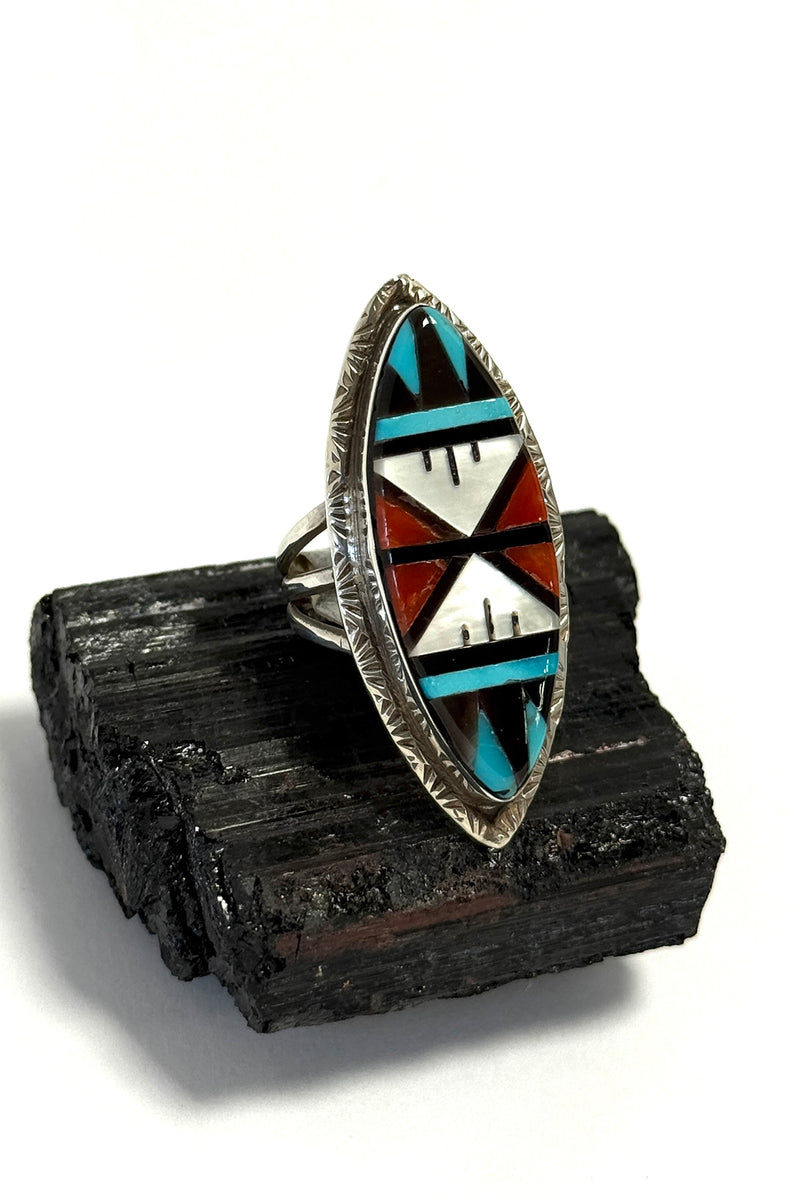Zuni Mosaic Inlay Sterling Silver Ring