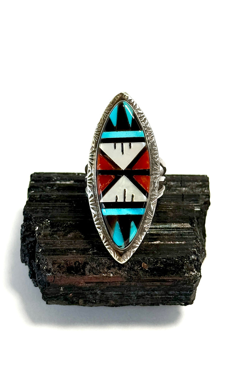 Zuni Mosaic Inlay Sterling Silver Ring