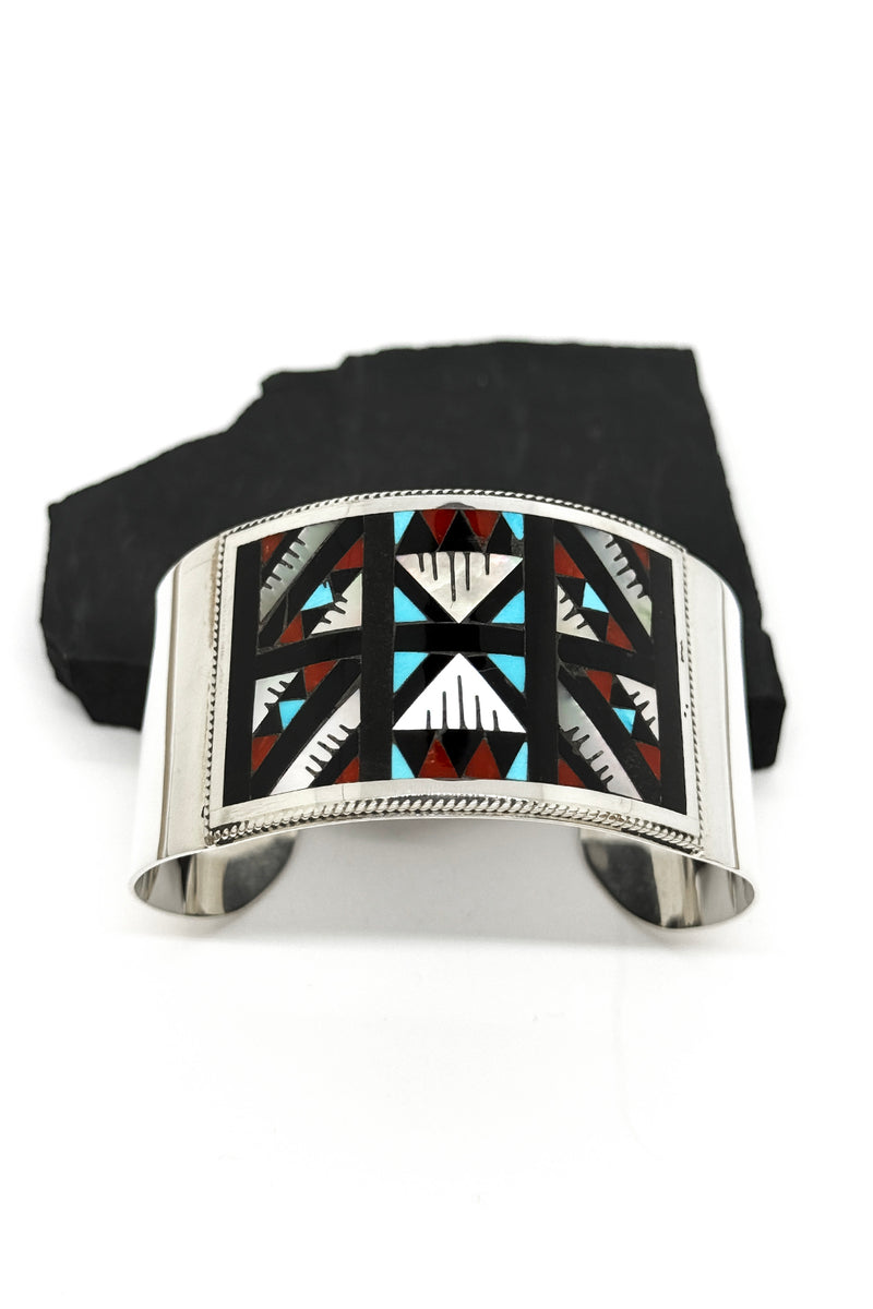 Zuni Mosaic Inlay Sterling Silver Wide Cuff Bracelet