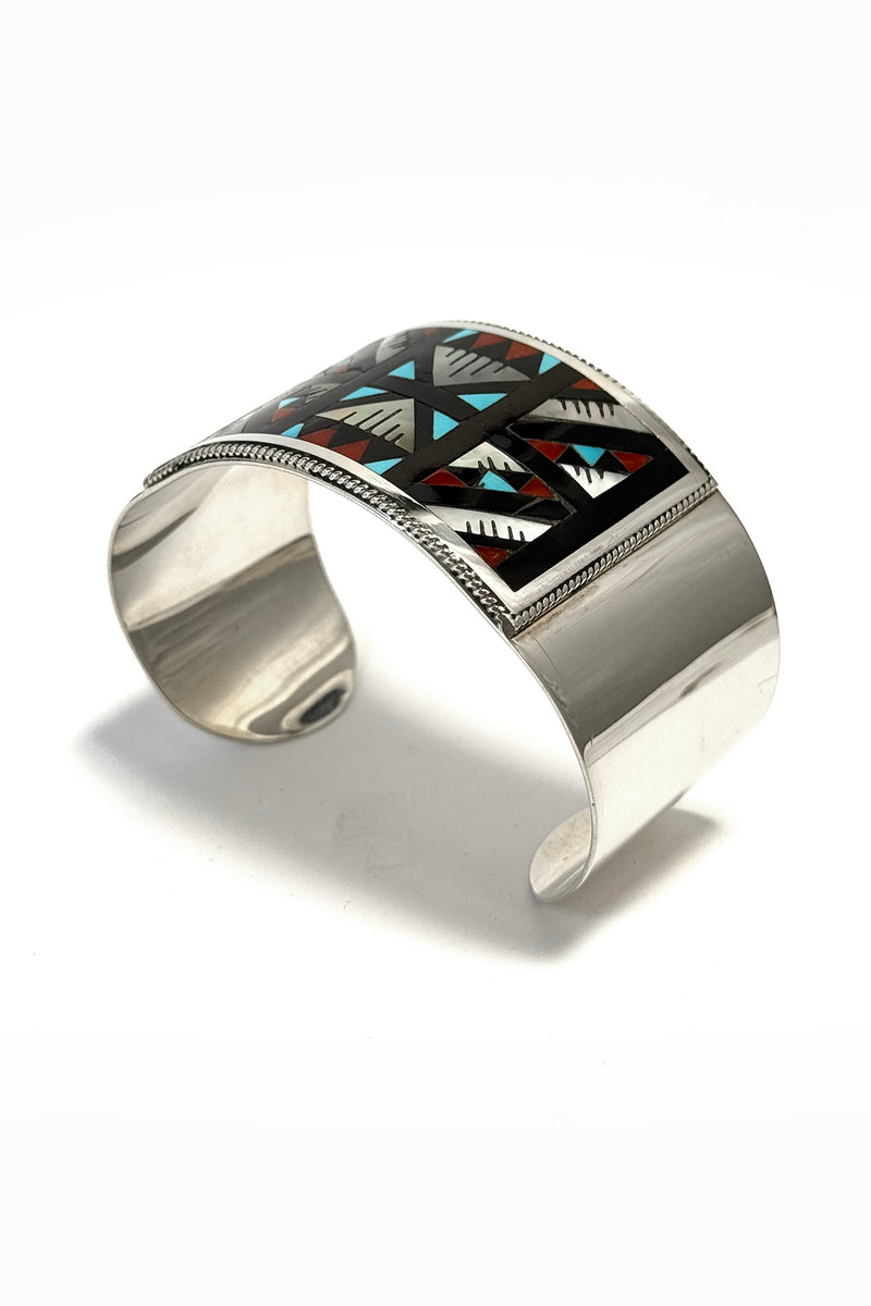 Zuni Mosaic Inlay Sterling Silver Wide Cuff Bracelet