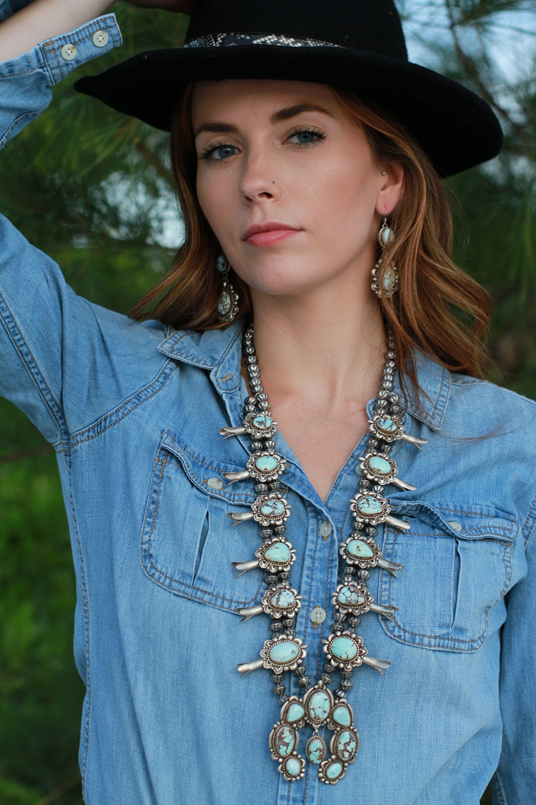 Dry Creek Turquoise Squash Blossom Necklace and Earring Set by Lucian Silver Eagle Gallery