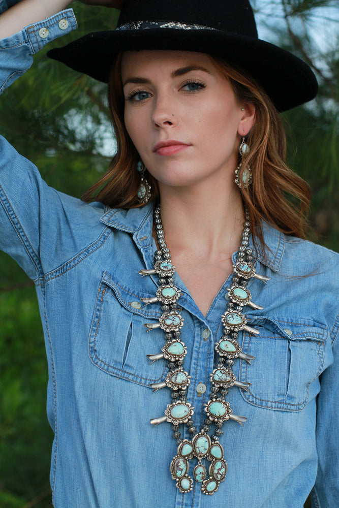 Lucian Koinva Dry Creek Turquoise Squash Blossom Necklace and Earring Set