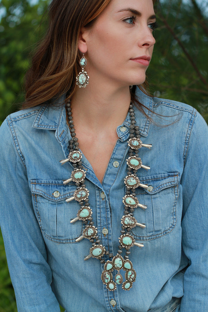 Lucian Koinva Dry Creek Turquoise Squash Blossom Necklace and Earring Set
