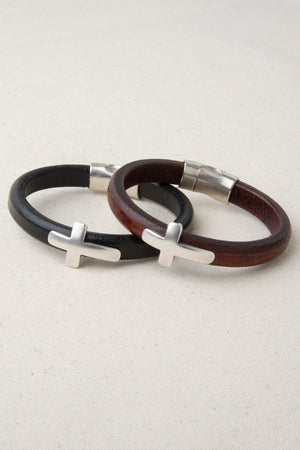 Black Italian Leather Station Bracelet with Cross Accent