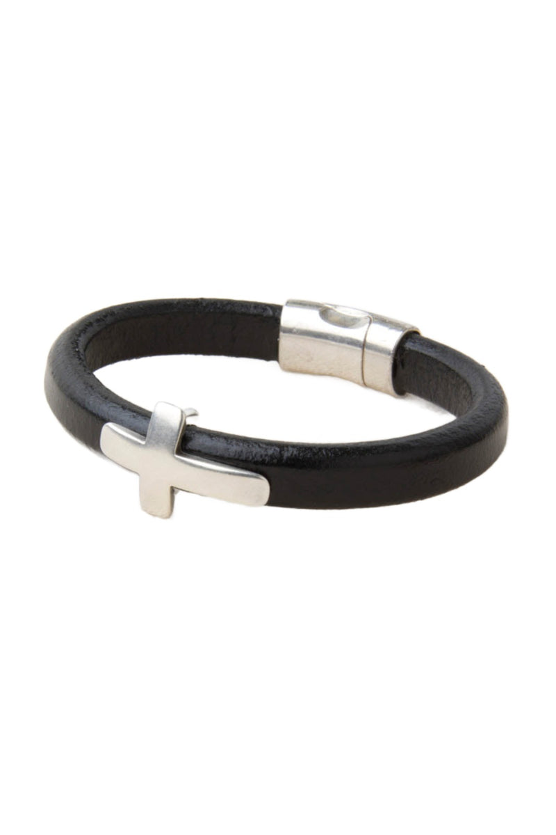 Black Leather Bracelet with Silver Cross Accent