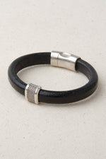 Black Italian Leather Station Bracelet with "Caviar" Pewter Accent