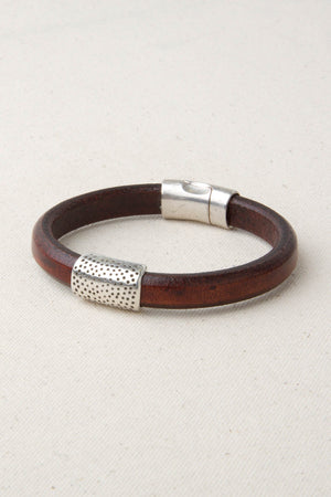Brown Italian Leather Station Bracelet with "Cheetah" Pewter Accent
