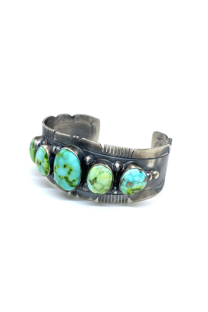 
                
                    Load image into Gallery viewer, Kathleen Yazzie Sonoran Gold Turquoise Row Cuff Bracelet
                
            