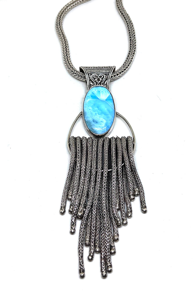 Natural Larimar and Sterling Silver Bali Chain Pendant