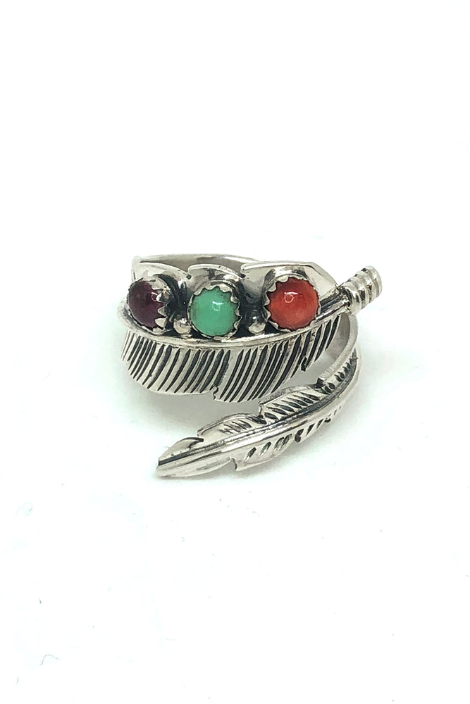 
                
                    Load image into Gallery viewer, Multi-Stone Sterling Silver Adjustable Feather Ring (size 9)
                
            