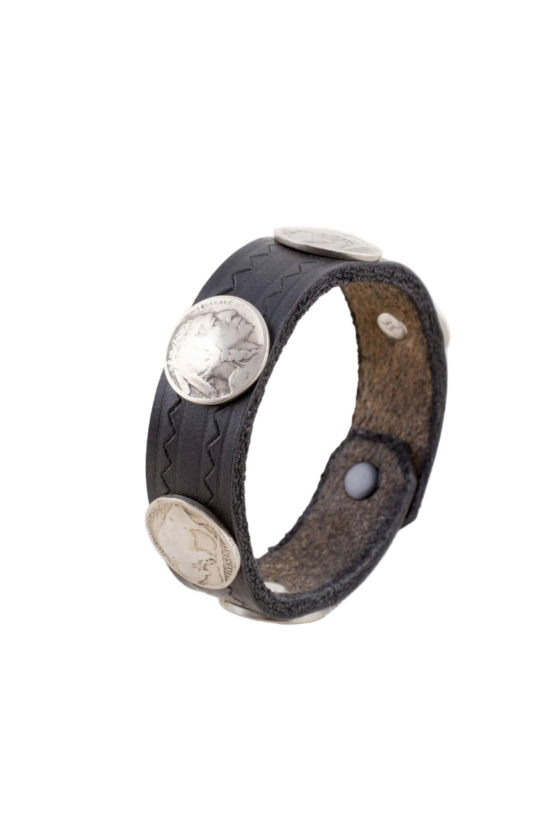 Black Buffalo Nickel Leather Snap Bracelets (Narrow)