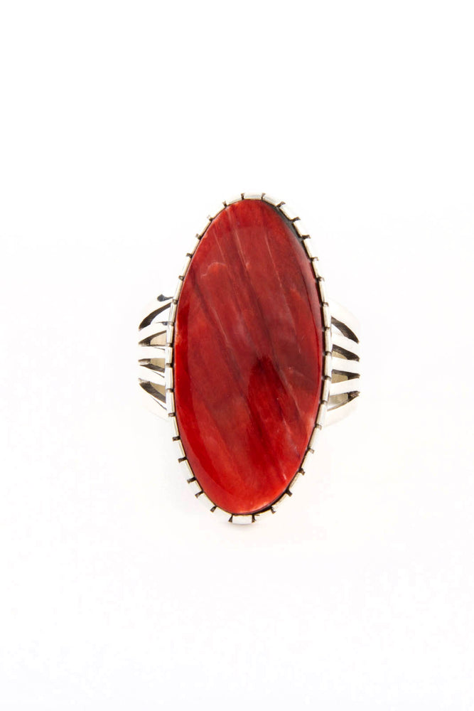 Red Spiny Shell Oval Sterling Silver Ring (Size 8 ½)