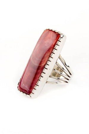 Red Spiny Shell Modern Rectangle Sterling Silver Ring (Size 6 ¾)