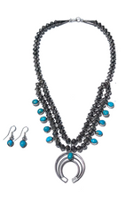 Navajo Turquoise Squash Blossom Necklace and Earrings Set