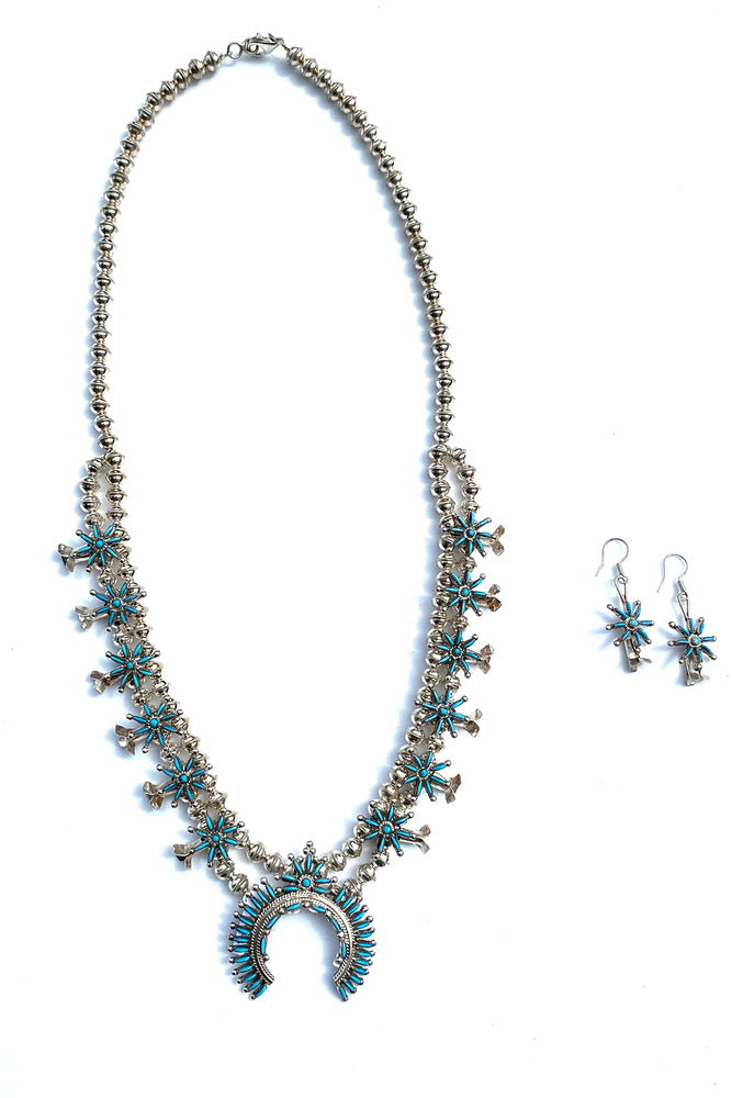 Delicate Zuni Needlepoint Turquoise Squash Blossom Set