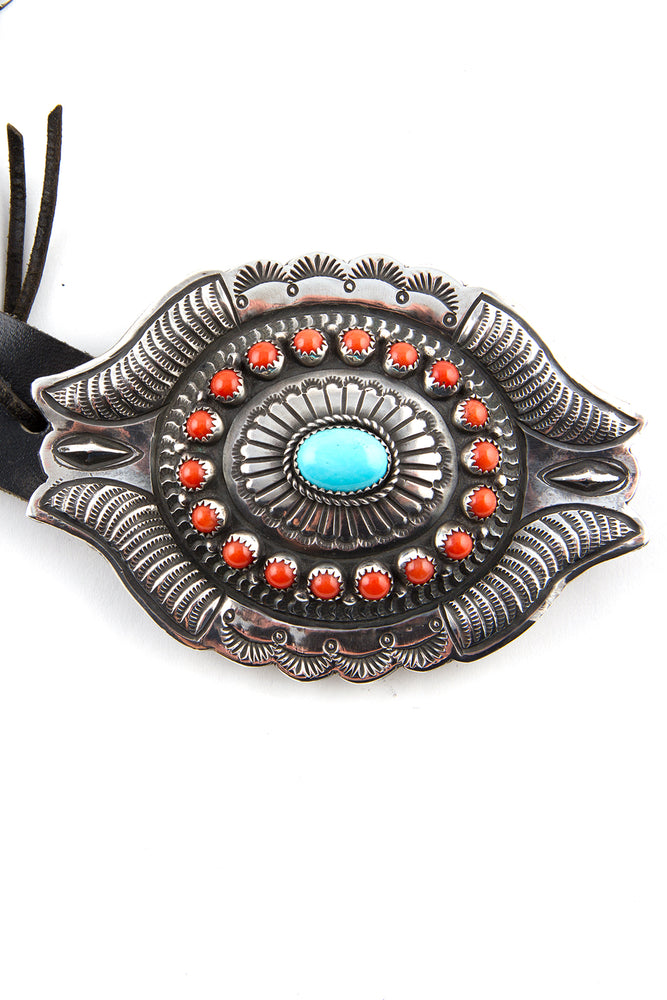 
                
                    Load image into Gallery viewer, Turquoise and Coral Sterling Concho Belt
                
            