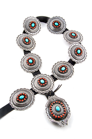 
                
                    Load image into Gallery viewer, Turquoise and Coral Sterling Concho Belt
                
            