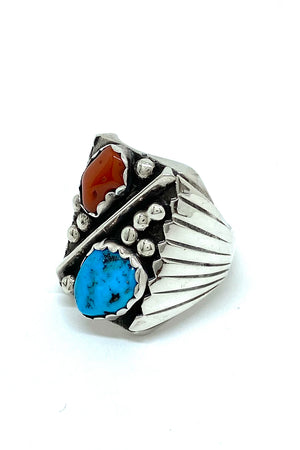 Turquoise and Coral Rectangular Men's Ring (Size 9)