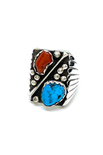 Turquoise and Coral Rectangular Men's Ring (Size 9)