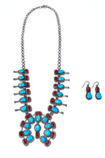 Turquoise and Coral Squash Blossom Necklace with Earrings