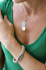 Khaki Italian Leather Station Bracelet with Pewter Feather Accent