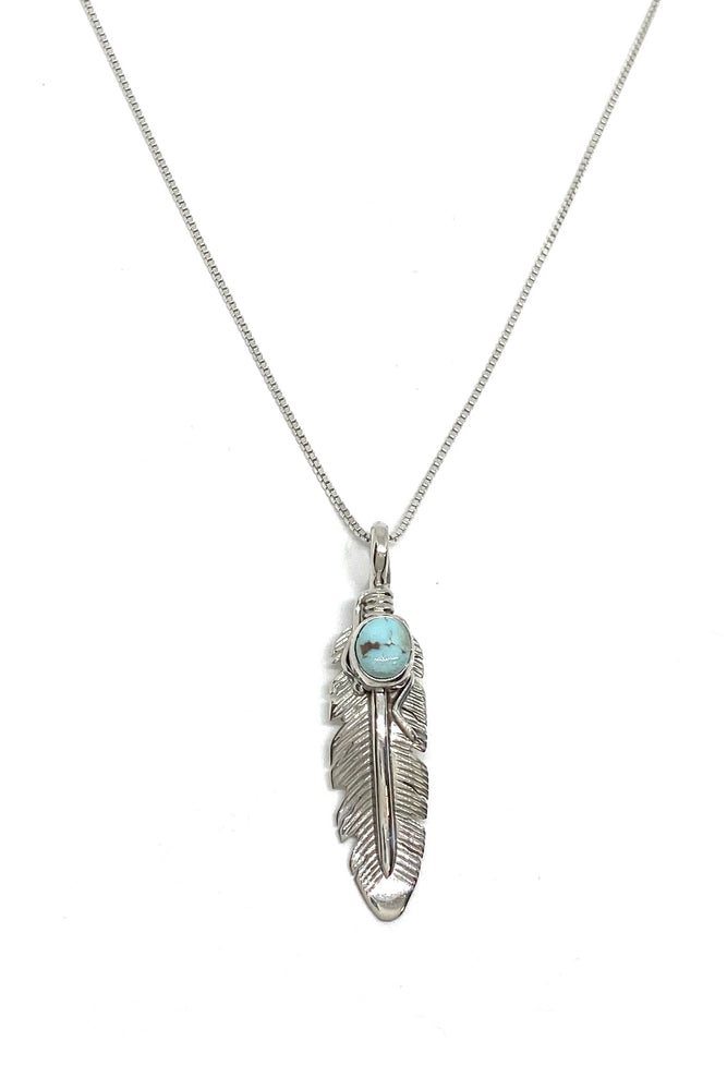
                
                    Load image into Gallery viewer, Jereme Delgarito Dry Creek Turquoise Feather Pendant
                
            
